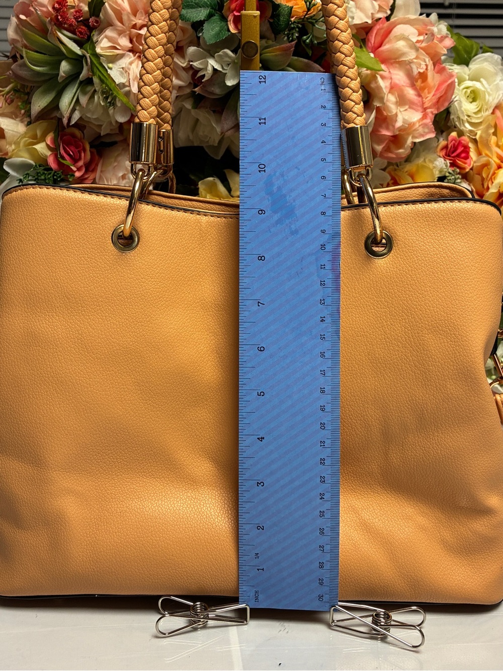 Structured Satchel Tan Braided Handles Tassel Crossbody Tote Bag - Picture 9 of 15